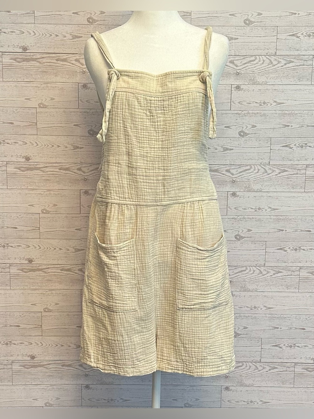 Zenana 100% Cotton Gauze Overall Romper Beige Boho Utility Pockets Size L - Picture 3 of 8